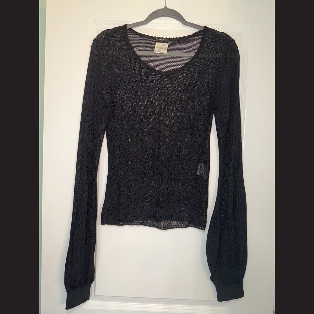 CHANEL Black Sheer Knit Long Sleeve Top Size 42